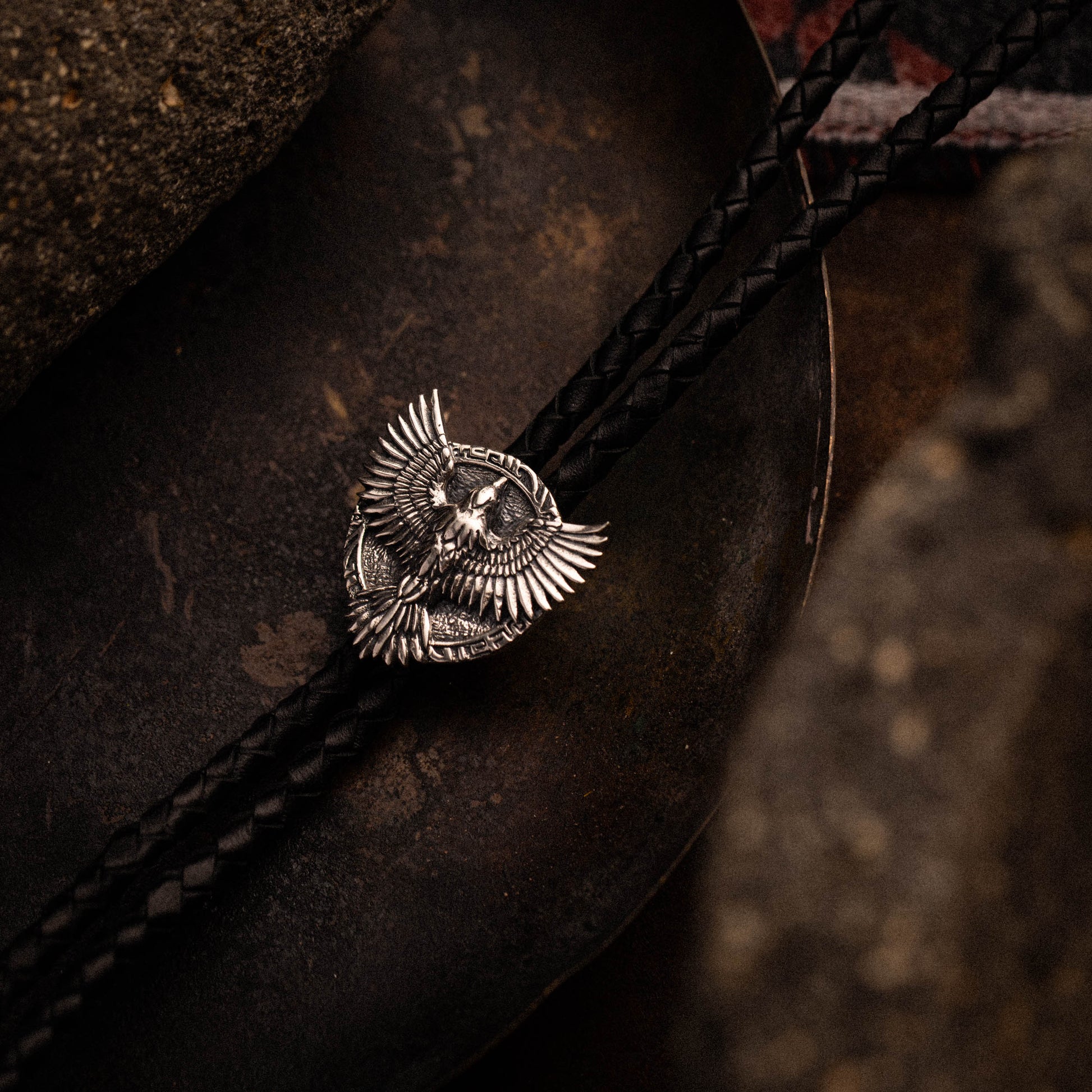 Raven Feather Sterling Silver and Italian Leather Bolo Tie with Raven Bird Wings