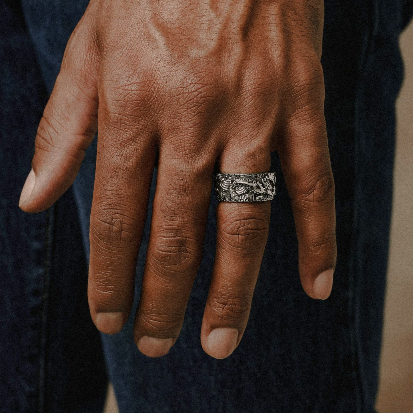 Silver koi carved ring band for men