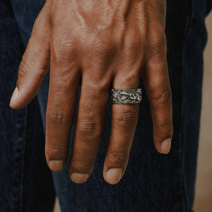 Silver koi carved ring band for men