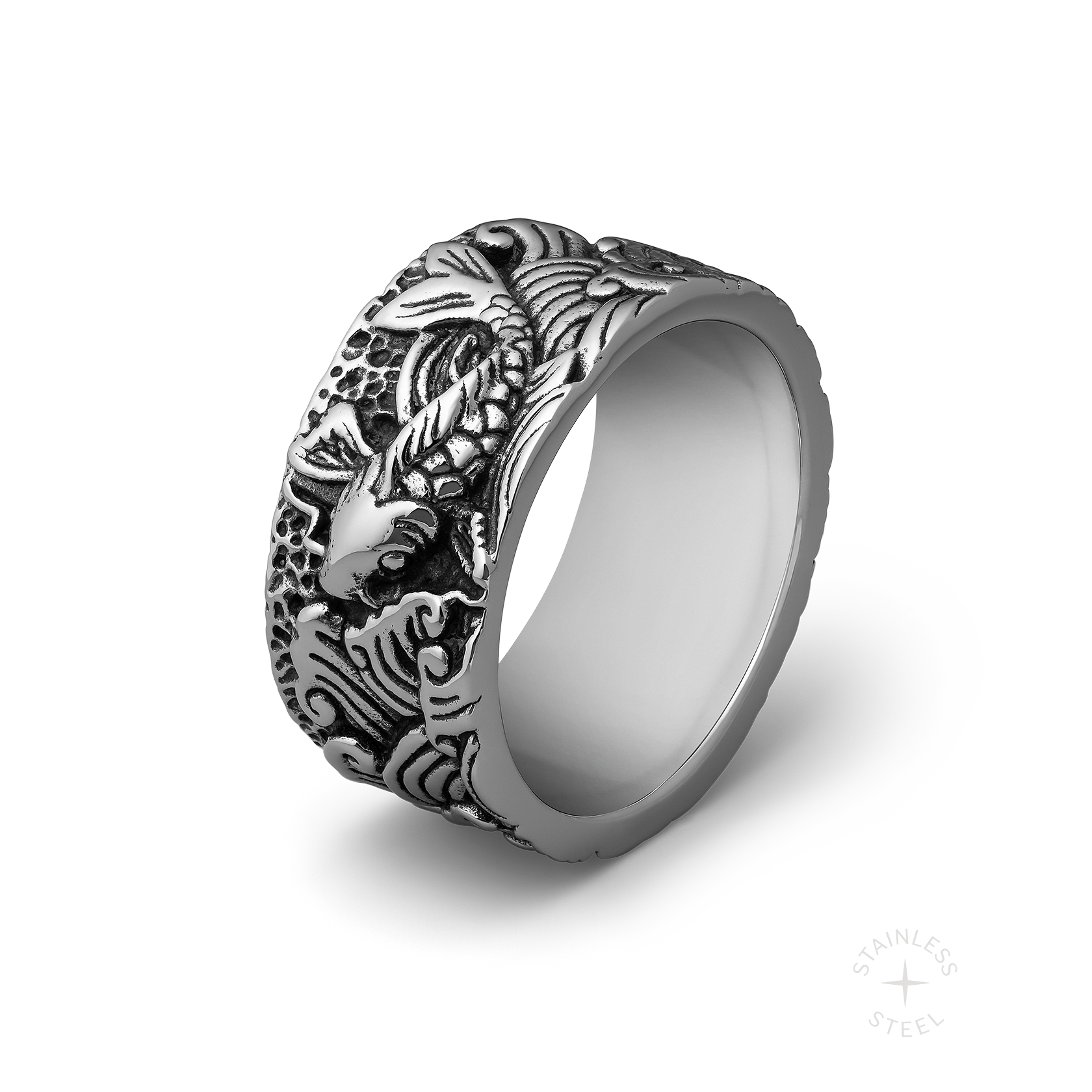 Koi Fish Stainless Steel engraved band ring