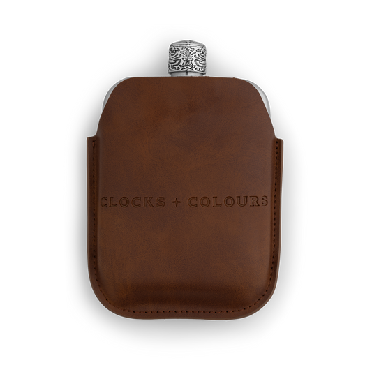 Stainless steel hip flask with embossed faux leather sleeve 