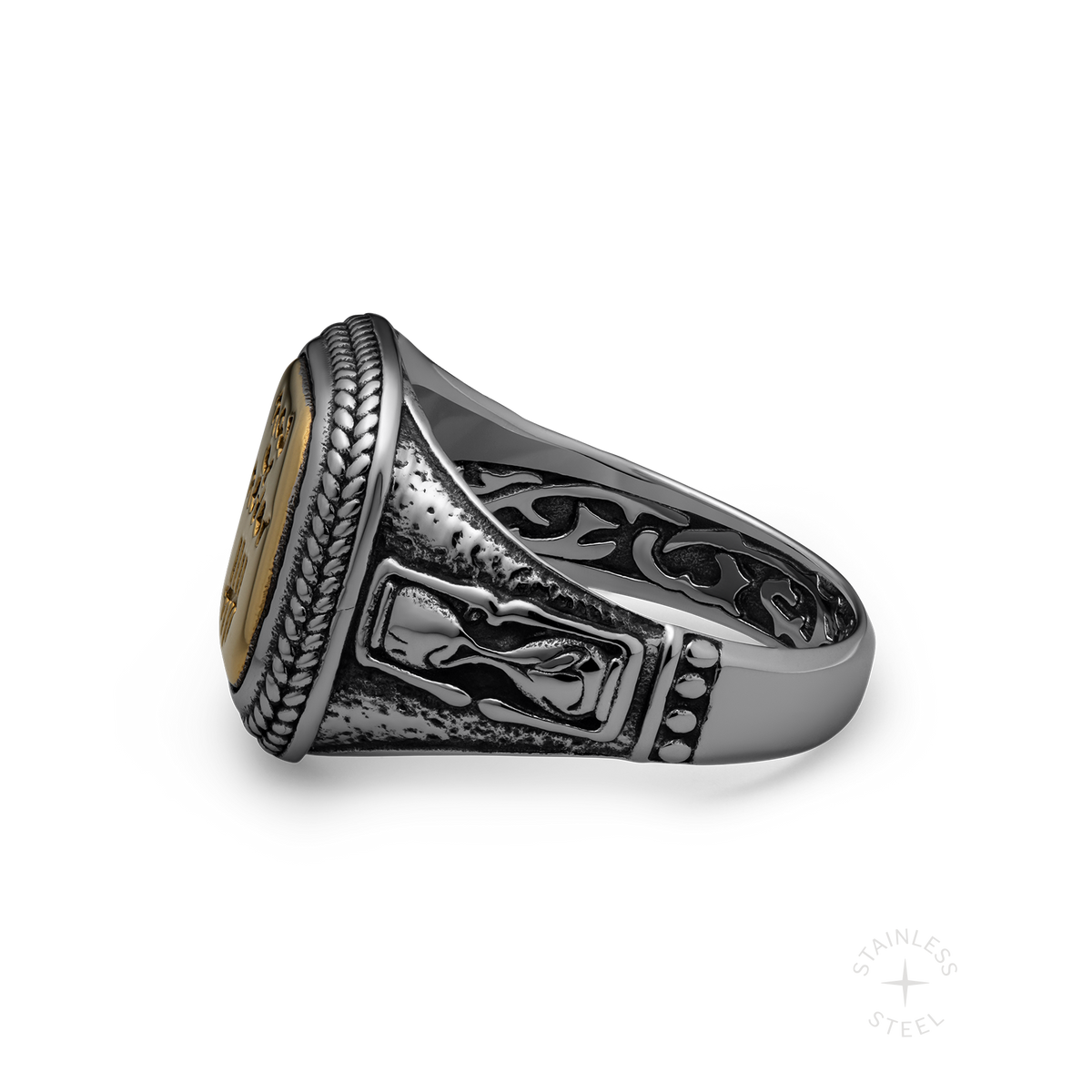 Silver and gold-tone stainless steel signet ring with oval face, ornate band details, and textured bezel.
