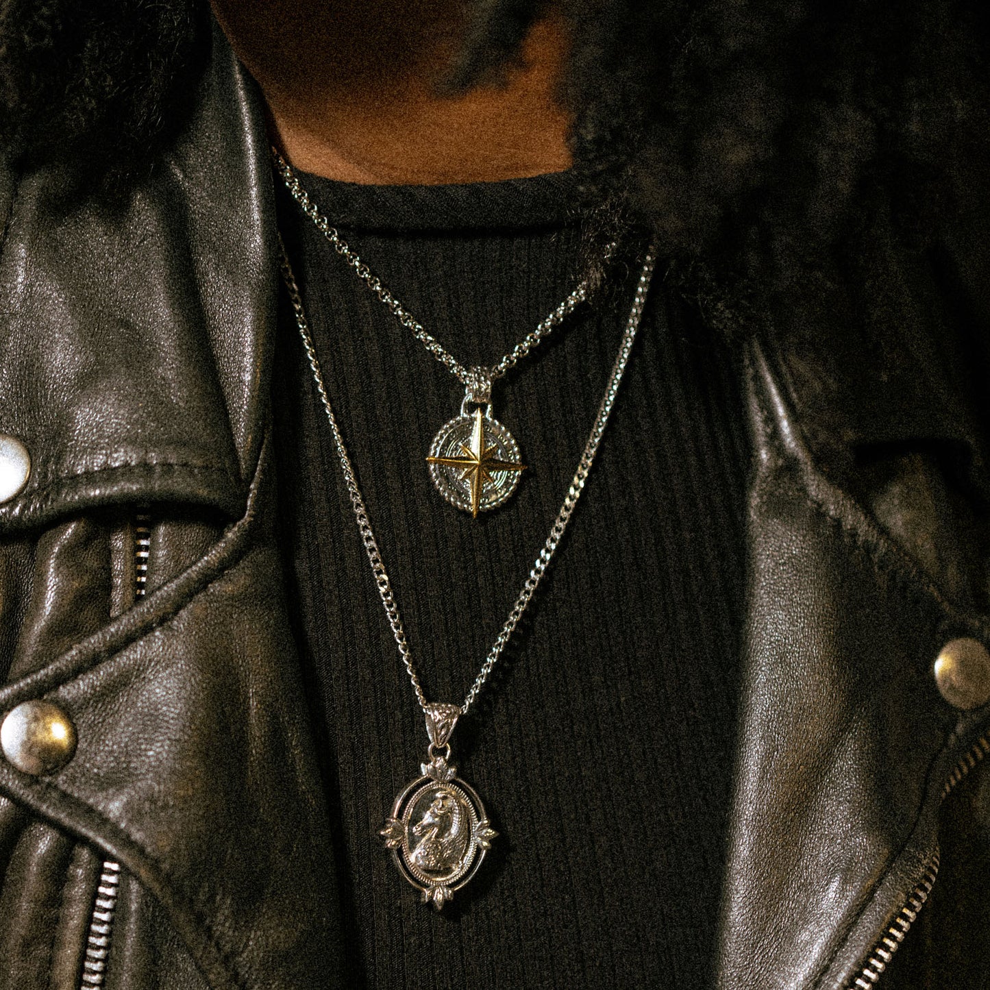 Sterling Silver brass inlay nautical compass pendant necklace