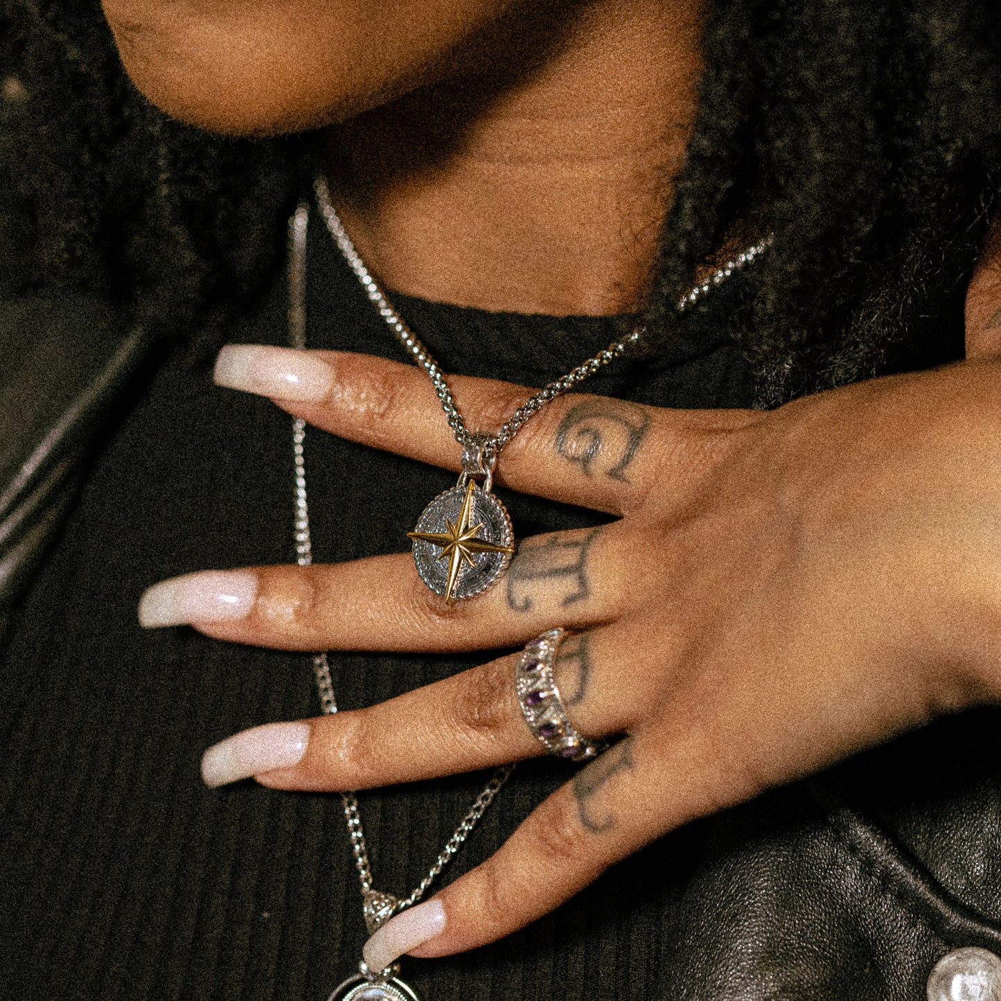 Sterling Silver brass inlay nautical compass pendant necklace