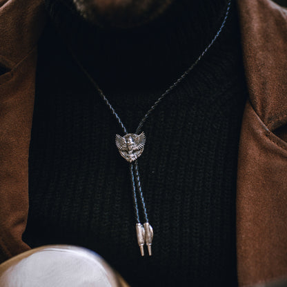Raven Feather Sterling Silver and Italian Leather Bolo Tie with Raven Bird Wings
