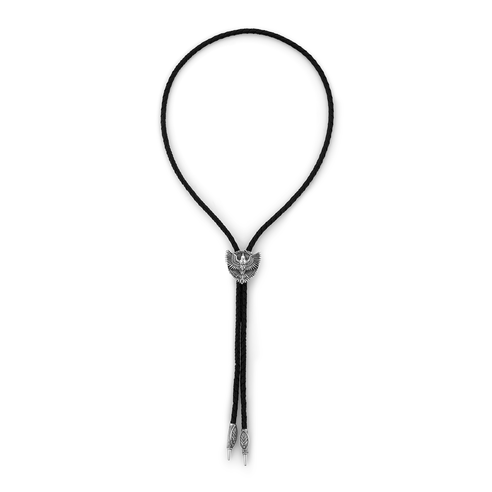 Raven Feather Sterling Silver and Italian Leather Bolo Tie with Raven Bird Wings