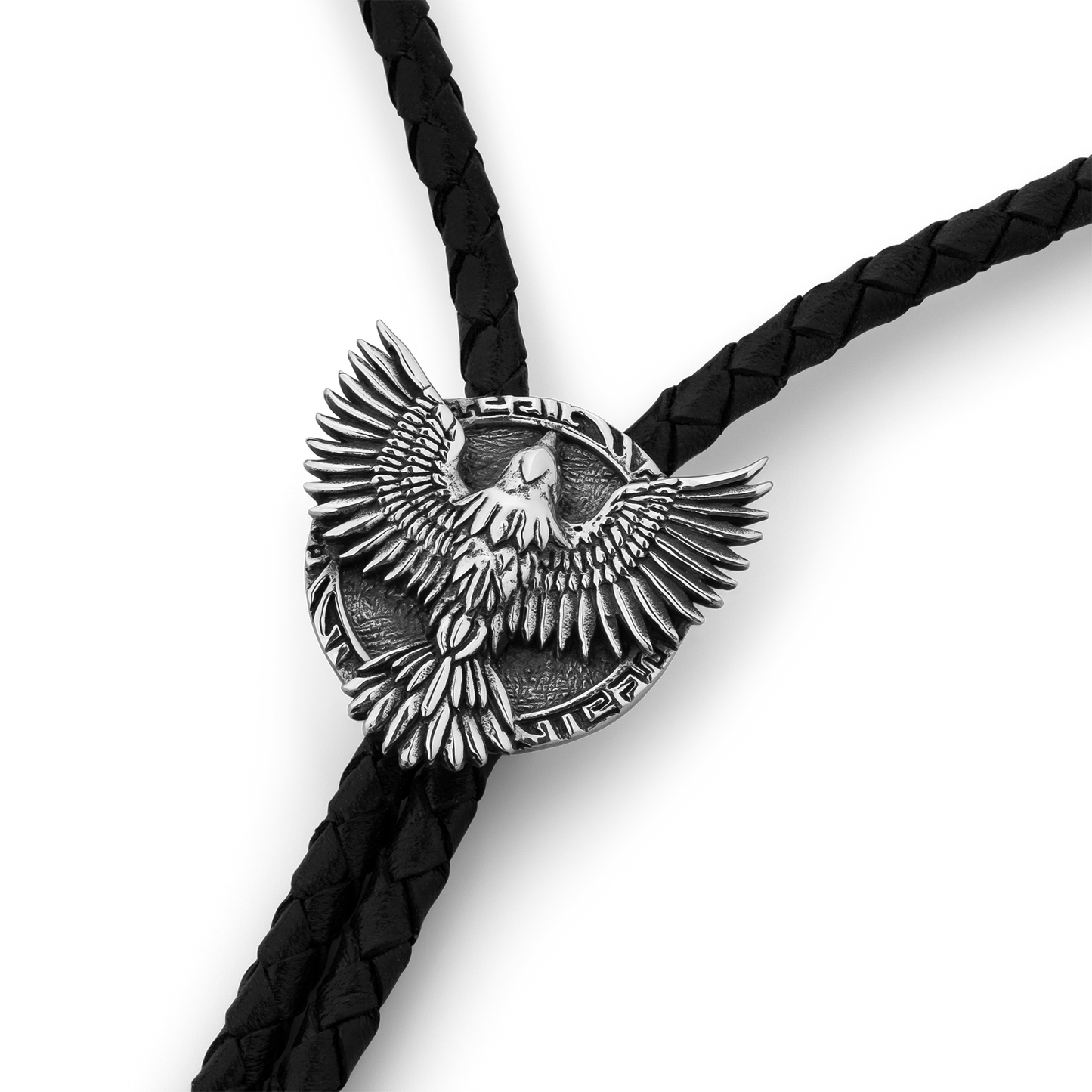 Raven Feather Sterling Silver and Italian Leather Bolo Tie with Raven Bird Wings