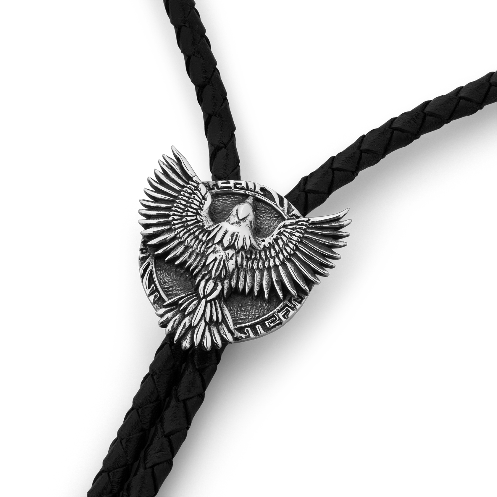 Raven Feather Sterling Silver and Italian Leather Bolo Tie with Raven Bird Wings