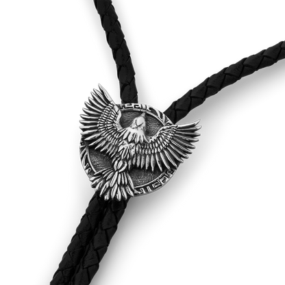 Raven Feather Sterling Silver and Italian Leather Bolo Tie with Raven Bird Wings