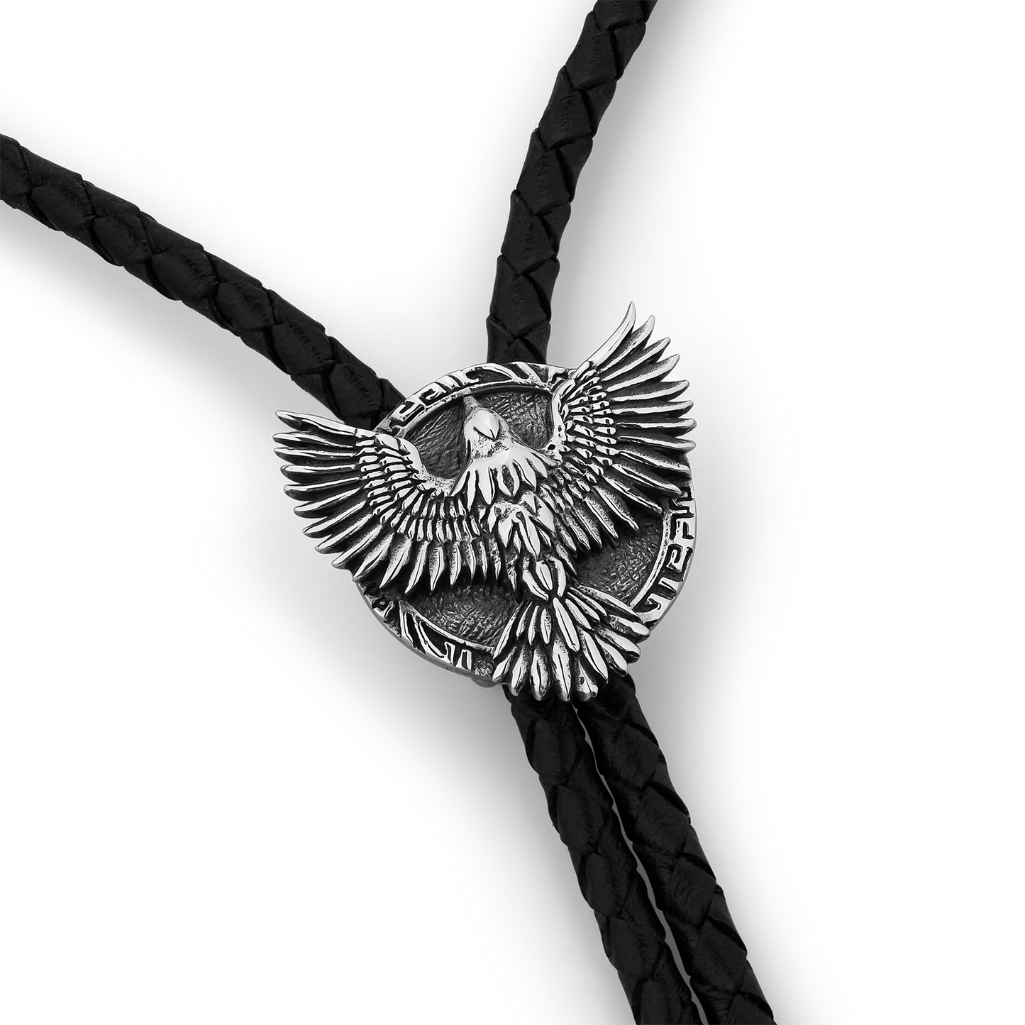 Raven Feather Sterling Silver and Italian Leather Bolo Tie with Raven Bird Wings