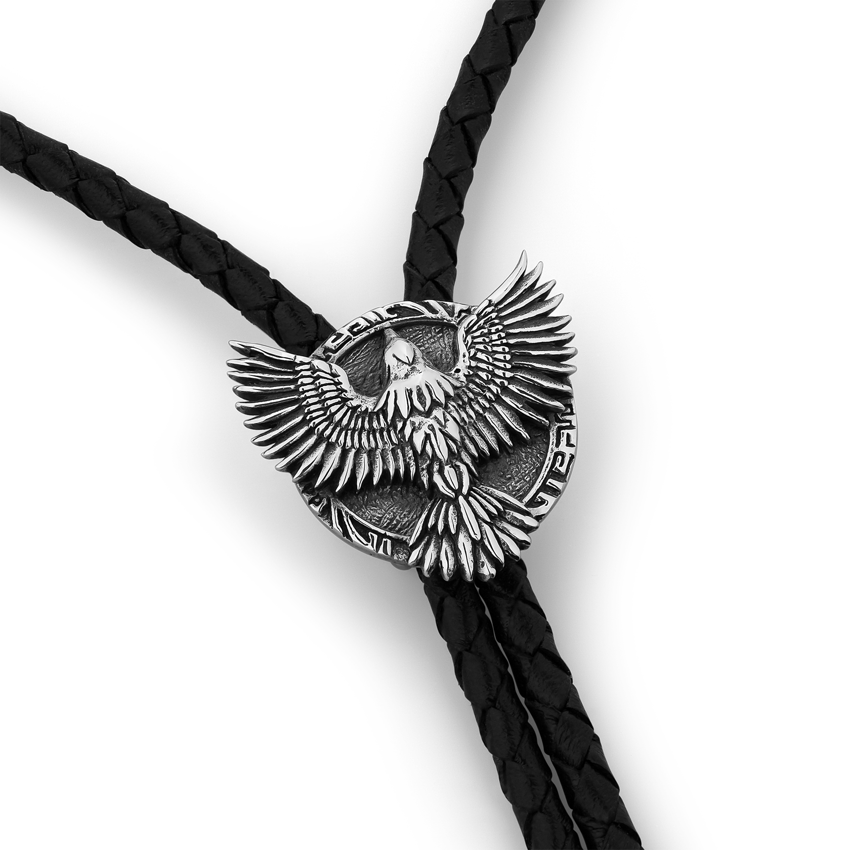 Raven Feather Sterling Silver and Italian Leather Bolo Tie with Raven Bird Wings