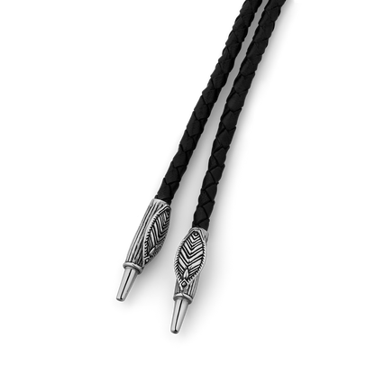 Raven Feather Sterling Silver and Italian Leather Bolo Tie with Raven Bird Wings