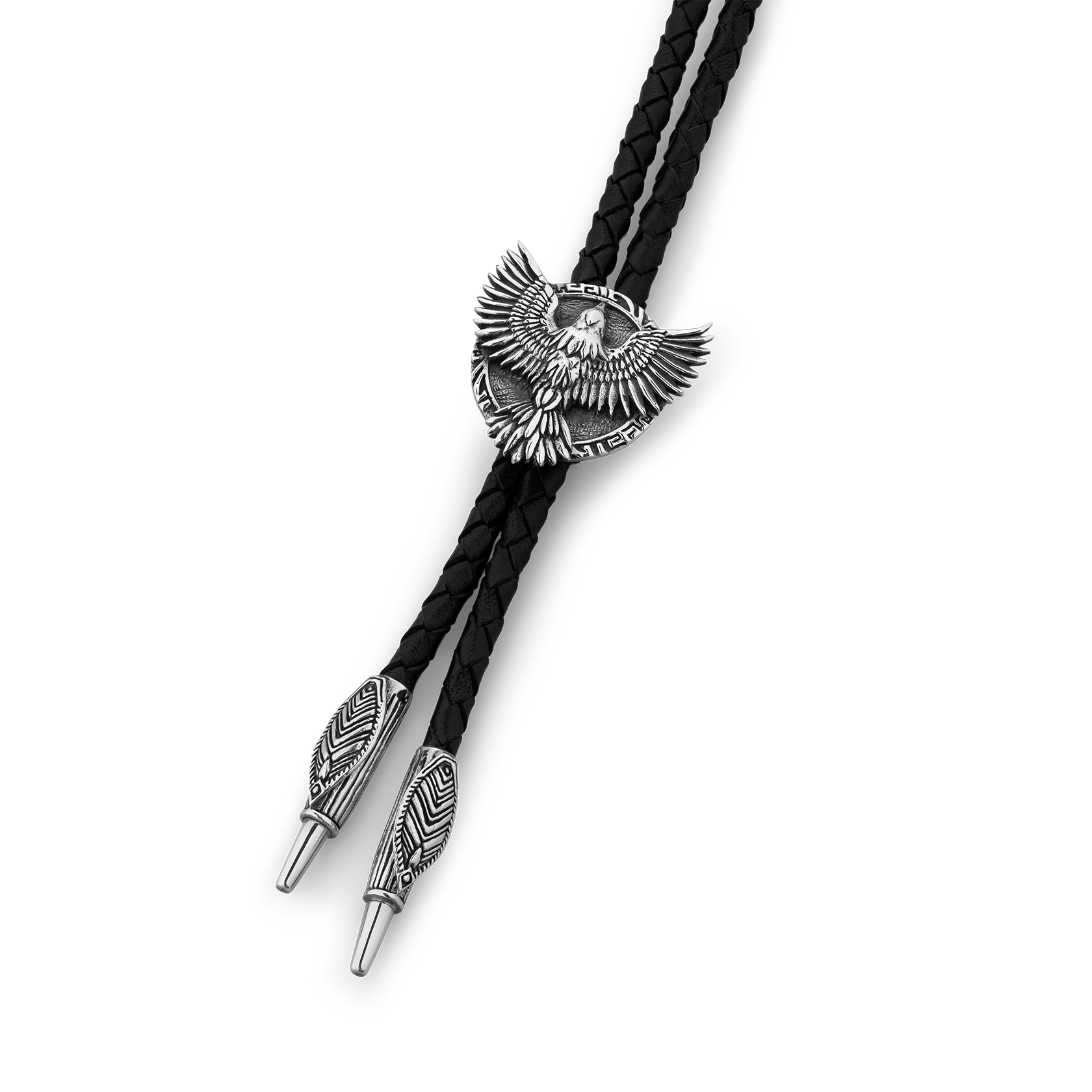 Raven Feather Sterling Silver and Italian Leather Bolo Tie with Raven Bird Wings