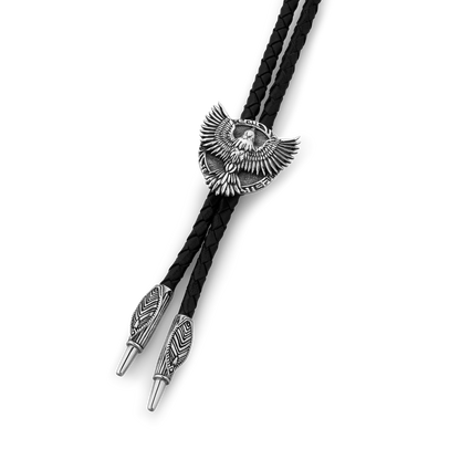 Raven Feather Sterling Silver and Italian Leather Bolo Tie with Raven Bird Wings