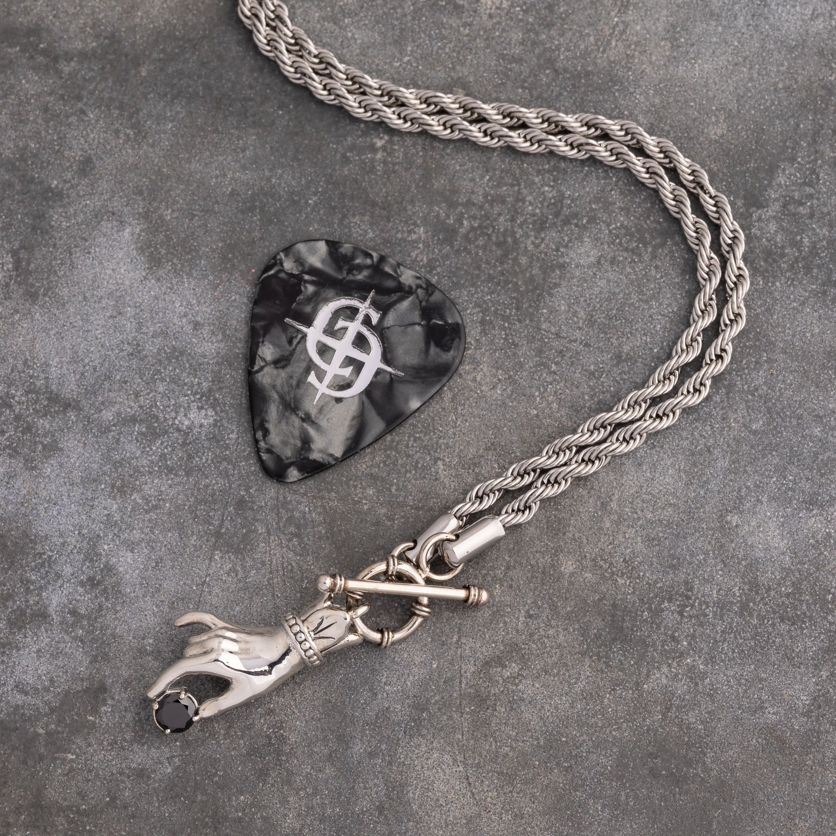 Sterling Silver Black Onyx Hand holding a stone dangling Pendant Necklace