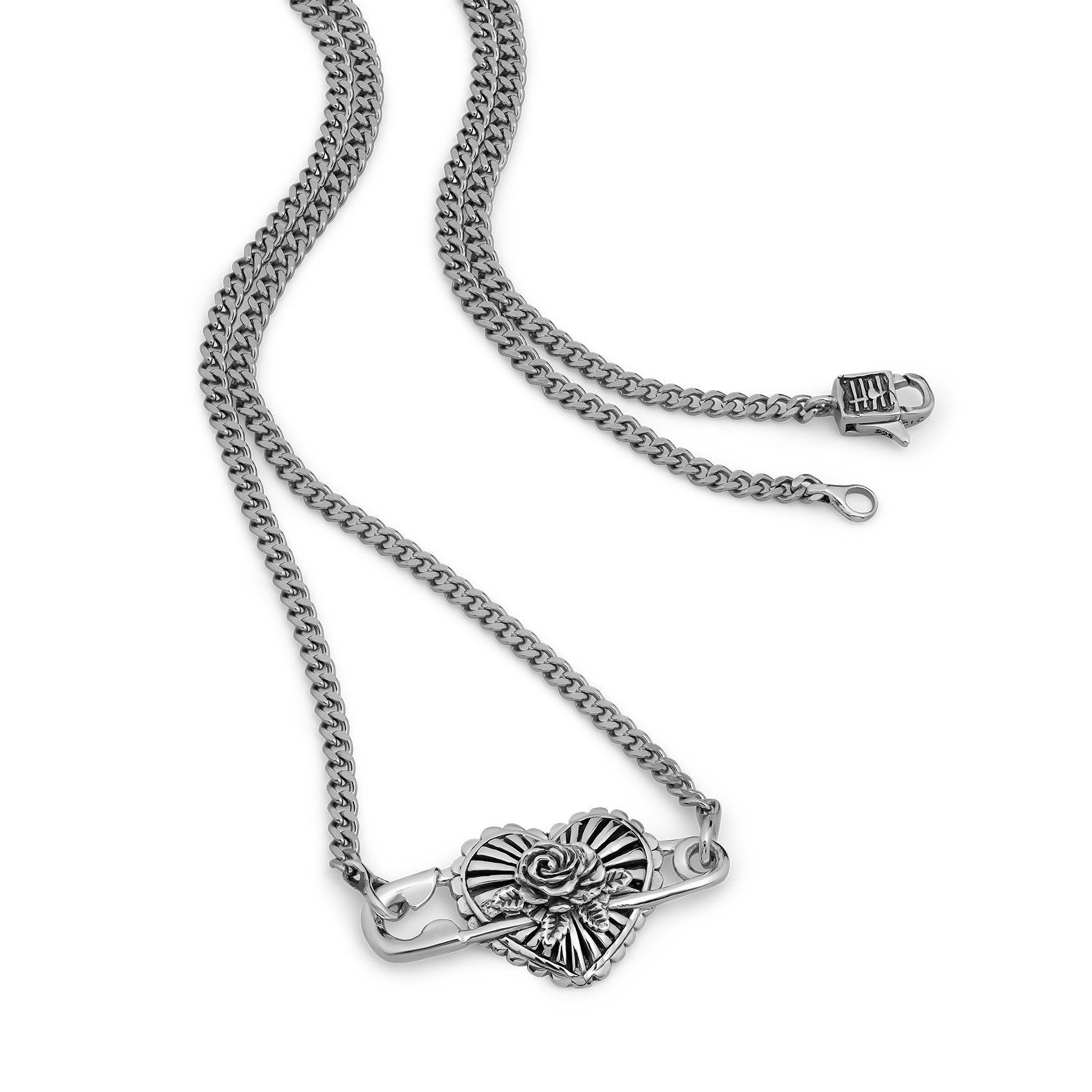 Silver-tone curb chain necklace with heart-shaped rose pendant and lobster clasp closure.