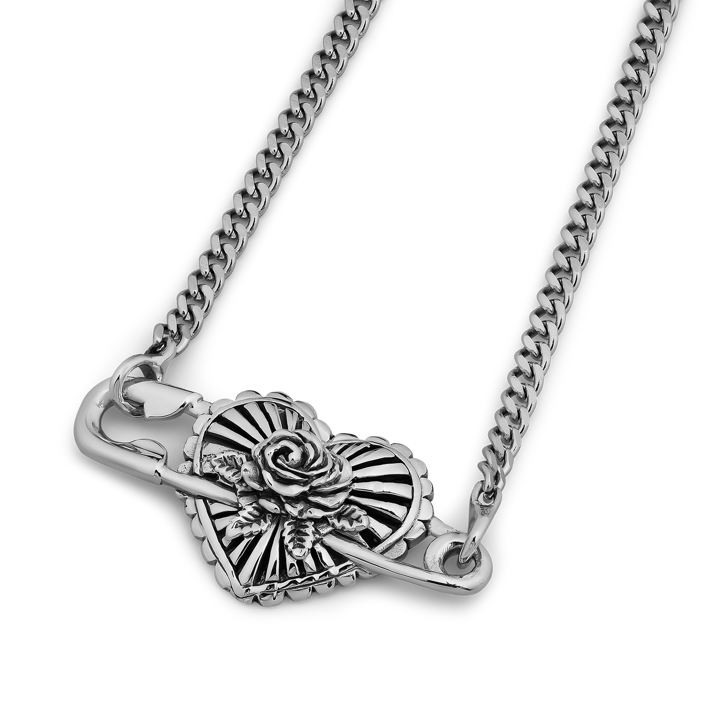 Silver-toned pendant necklace featuring a decorative rose and fan design with curb chain.