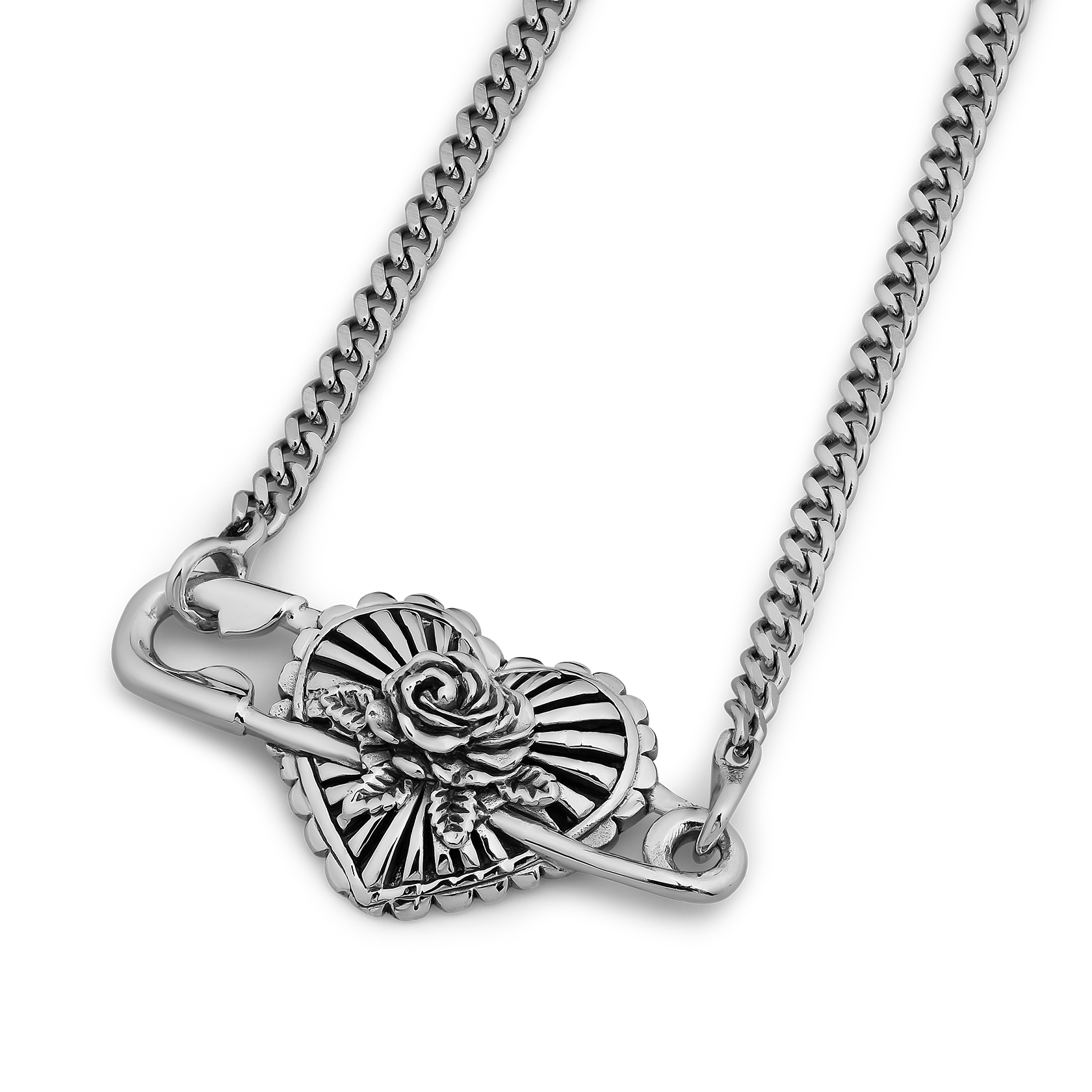 Silver-toned pendant necklace featuring a decorative rose and fan design with curb chain.