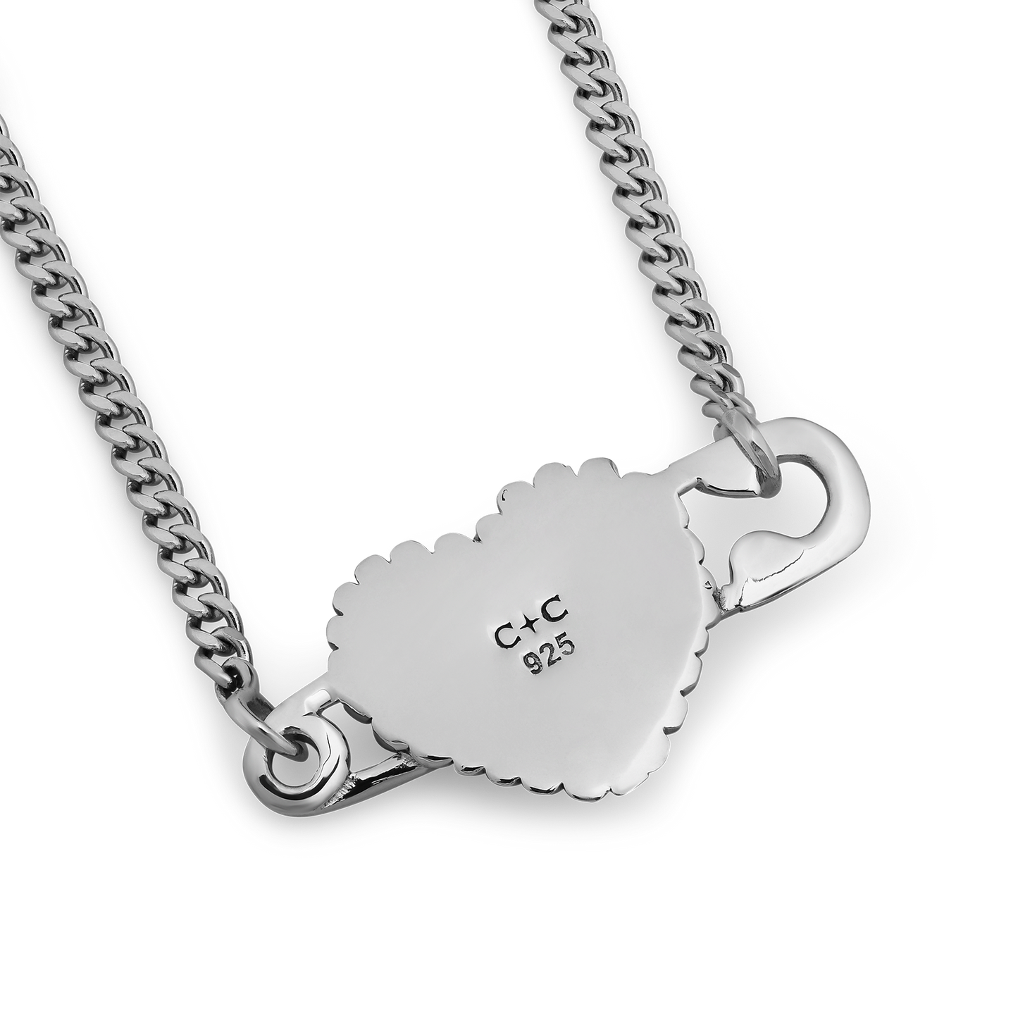 Silver chain necklace with scalloped cloud-shaped pendant stamped with "C+C 925" and hook clasp details.