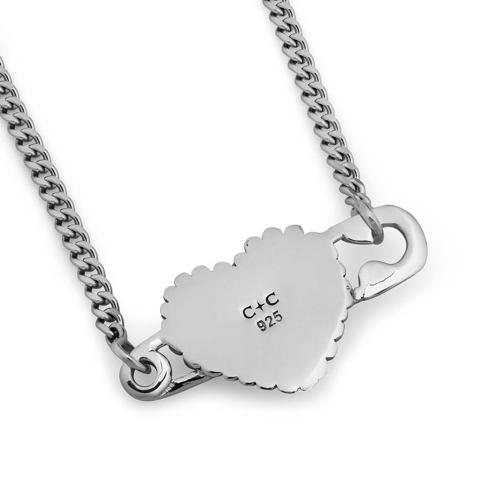 Silver chain necklace with scalloped cloud-shaped pendant stamped with "C+C 925" and hook clasp details.