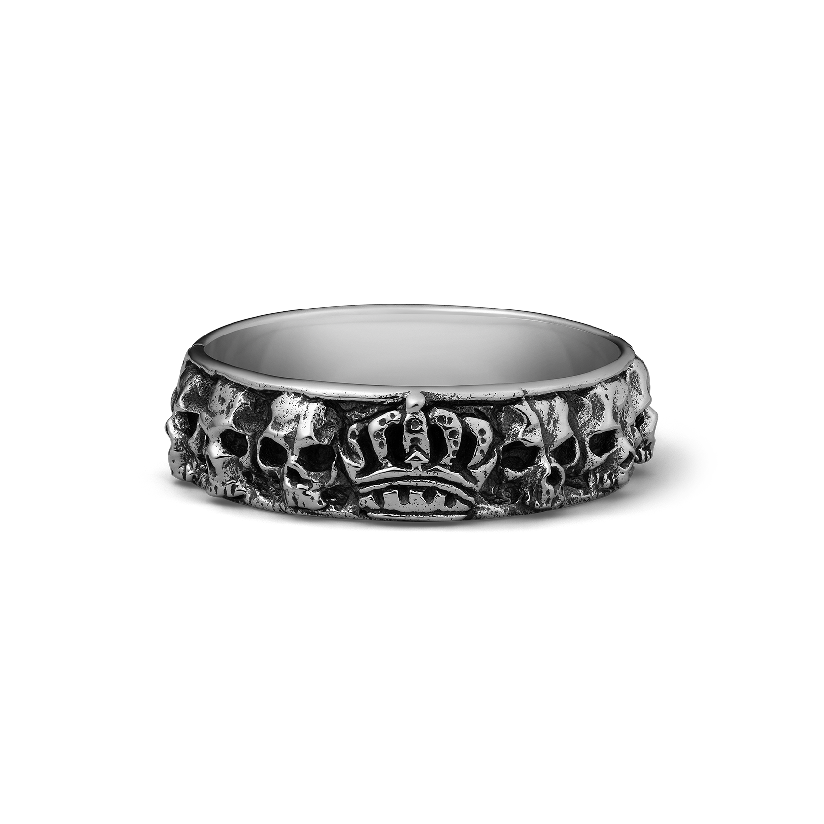 Silver band ring with skulls and crown motif around the exterior surface.