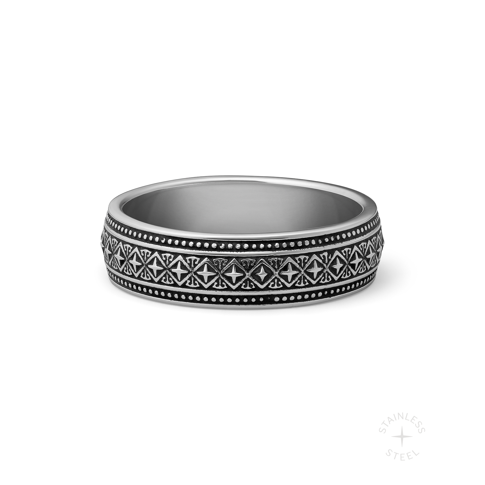 Sequence engraved stainless steel band ring for men