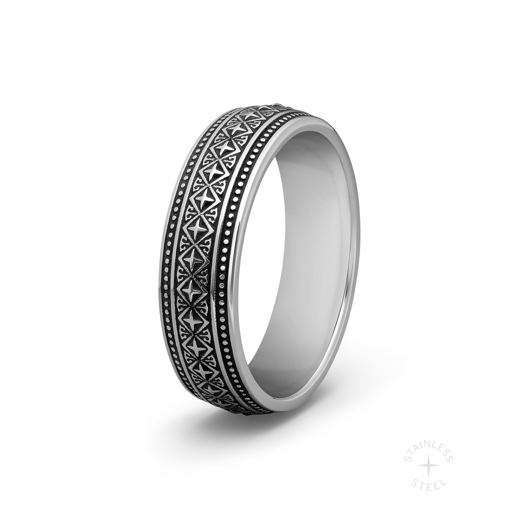 Sequence engraved stainless steel band ring for men