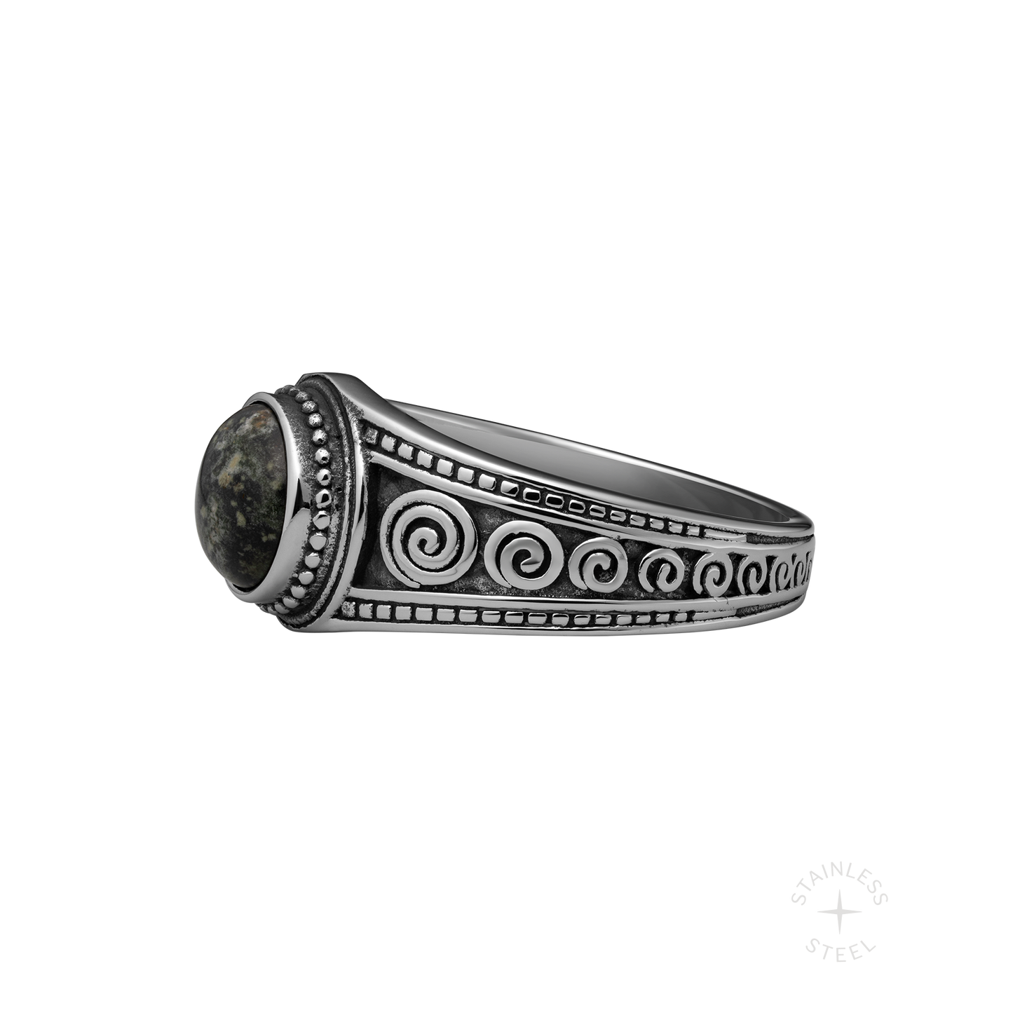 Socrates stainless steel and kambaba green jasper circular greek inspired signet ring for men