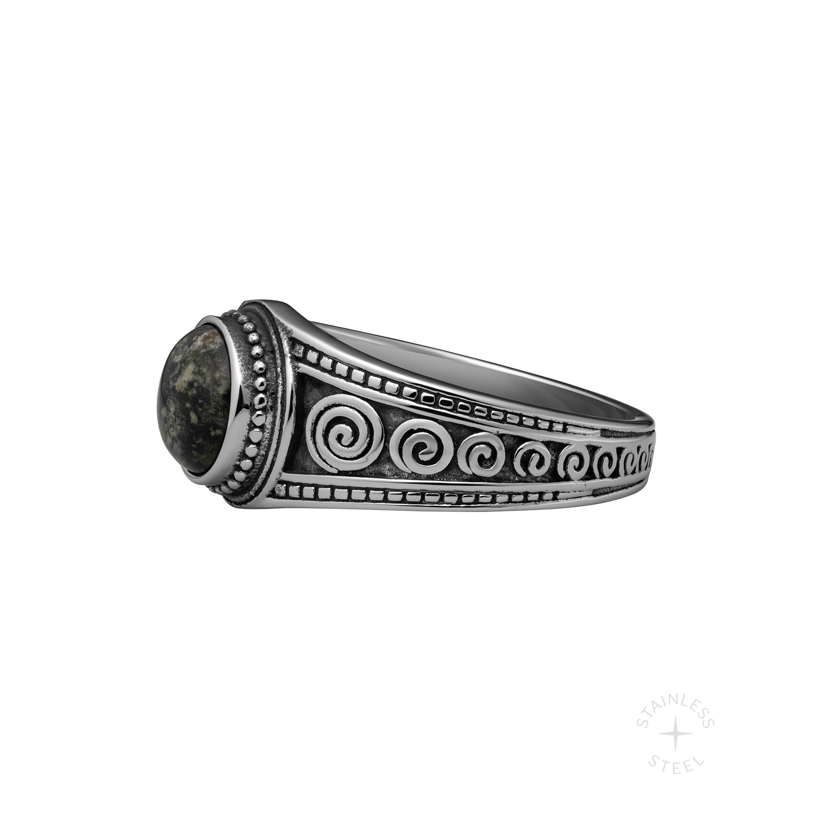 Socrates stainless steel and kambaba green jasper circular greek inspired signet ring for men