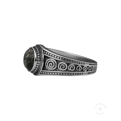 Socrates stainless steel and kambaba green jasper circular greek inspired signet ring for men