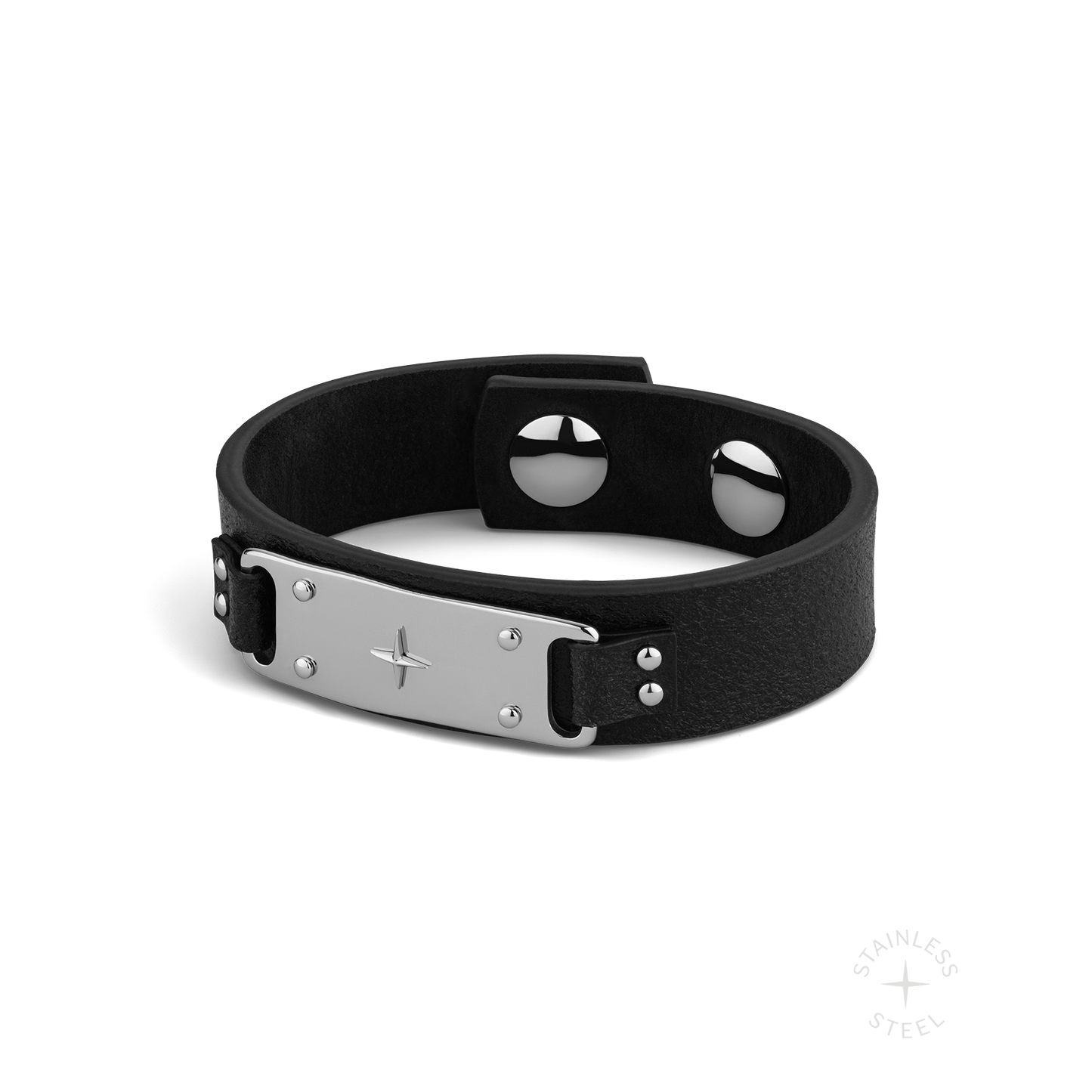 stainless steel and premium Italian vegetable-tanned leather black snap cuff bracelet for men