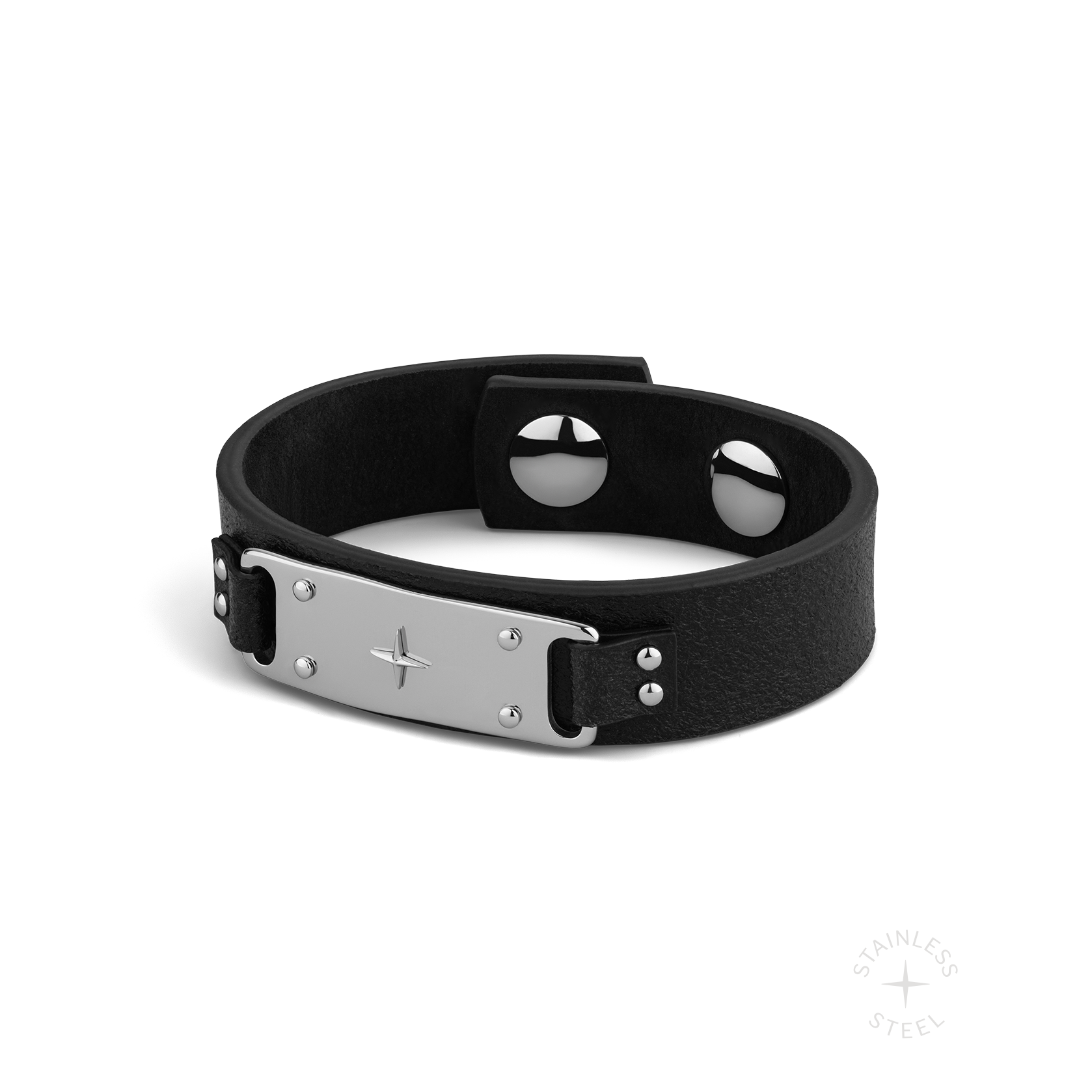 stainless steel and premium Italian vegetable-tanned leather black snap cuff bracelet for men
