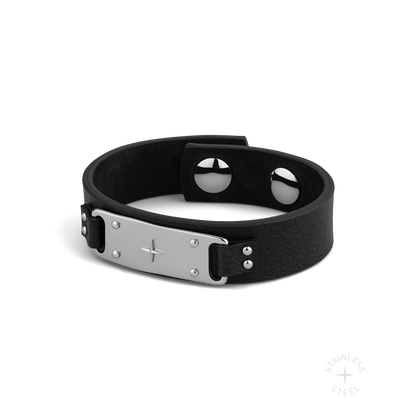 stainless steel and premium Italian vegetable-tanned leather black snap cuff bracelet for men