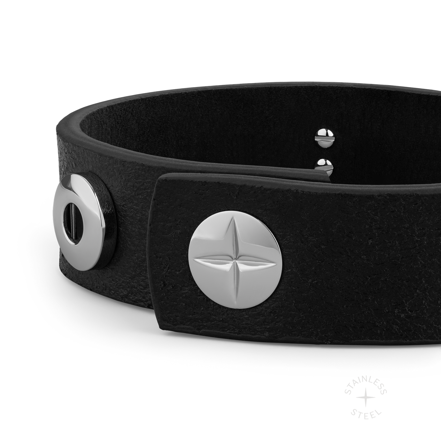 stainless steel and premium Italian vegetable-tanned leather black snap cuff bracelet for men