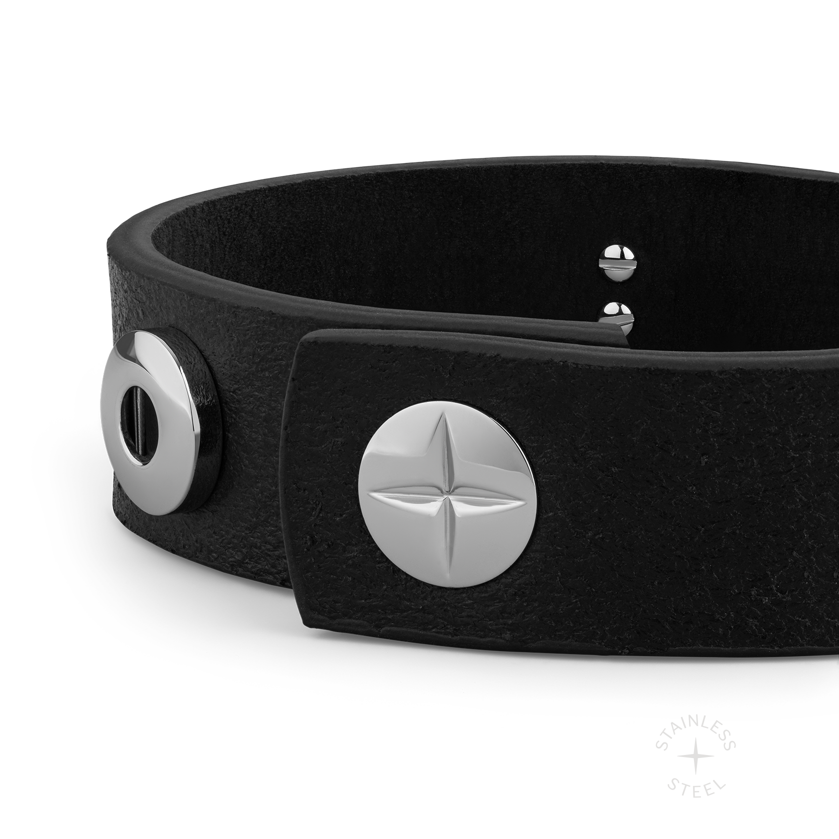 stainless steel and premium Italian vegetable-tanned leather black snap cuff bracelet for men