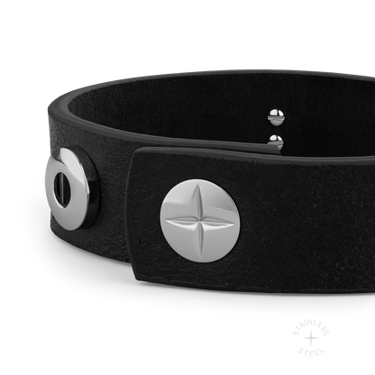 stainless steel and premium Italian vegetable-tanned leather black snap cuff bracelet for men