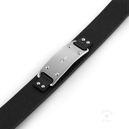 stainless steel and premium Italian vegetable-tanned leather black snap cuff bracelet for men