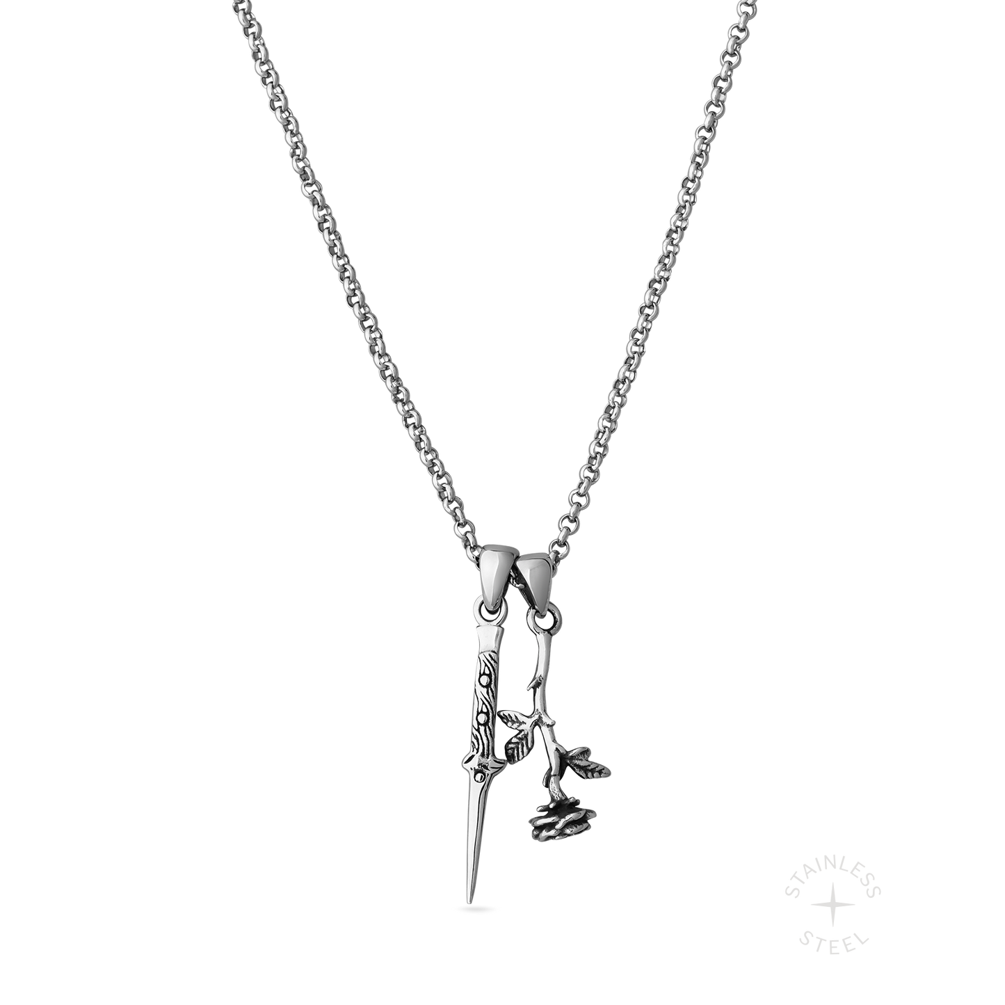Switchblade Stainless Steel dagger and rose dangling pendant necklace