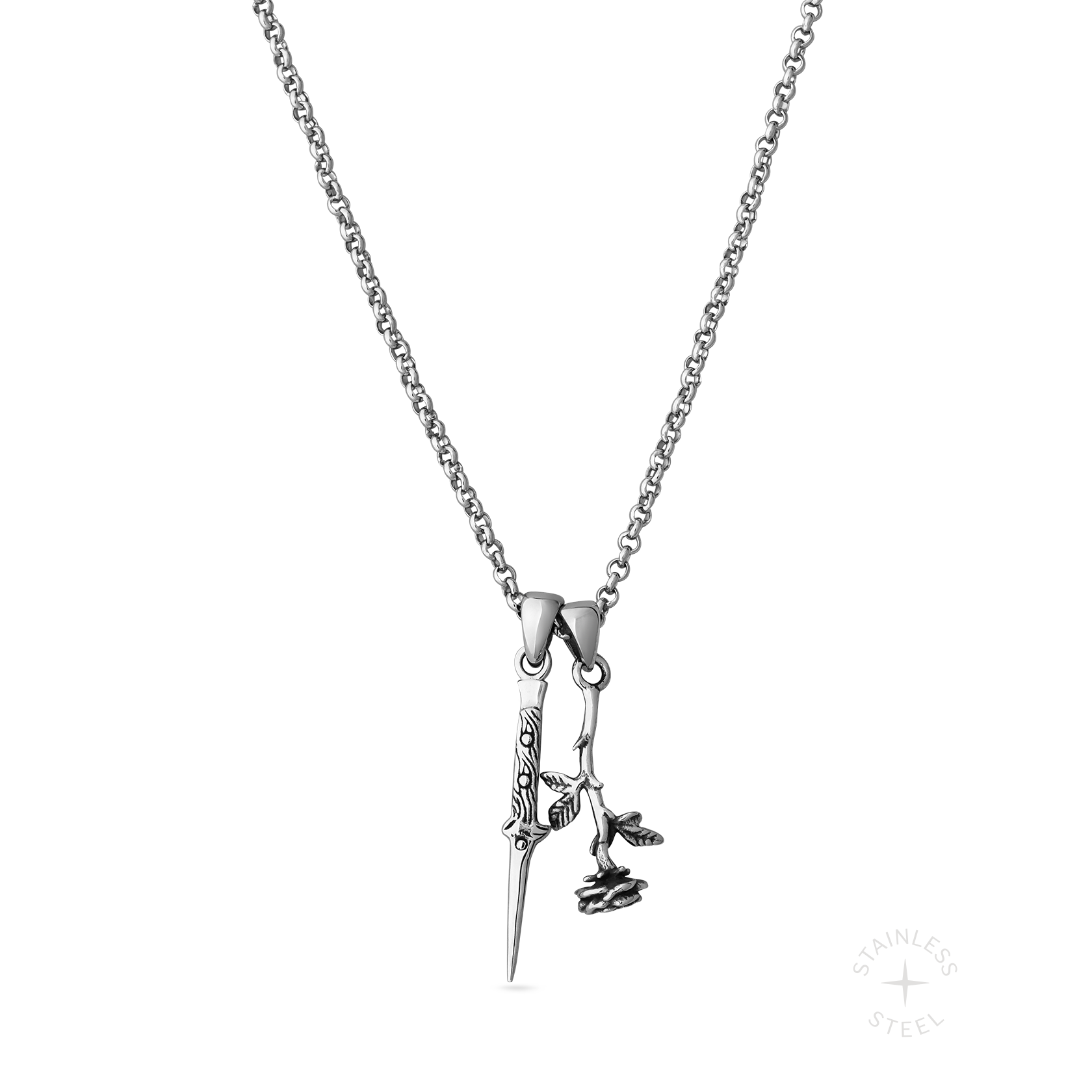 Switchblade Stainless Steel dagger and rose dangling pendant necklace