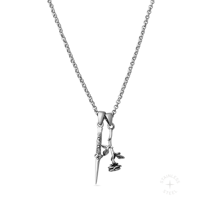 Switchblade Stainless Steel dagger and rose dangling pendant necklace