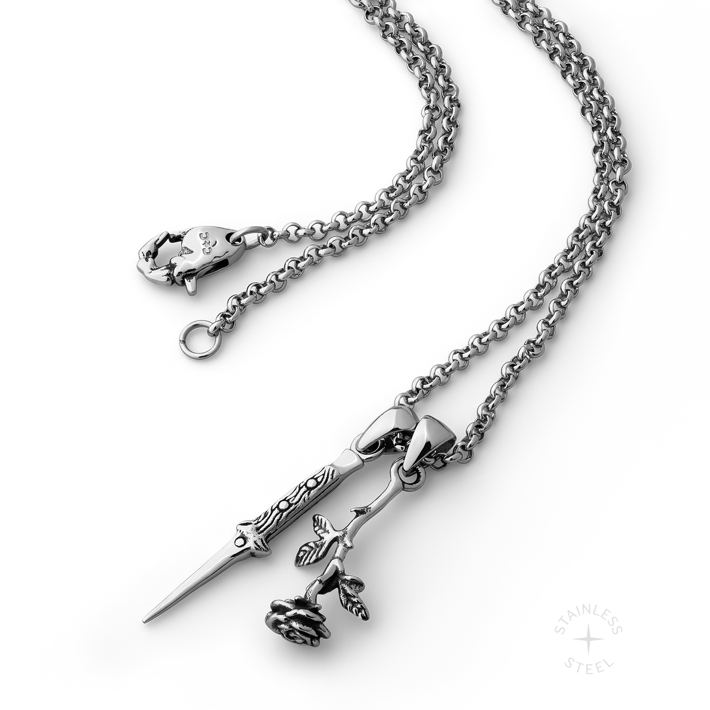 Switchblade Stainless Steel dagger and rose dangling pendant necklace
