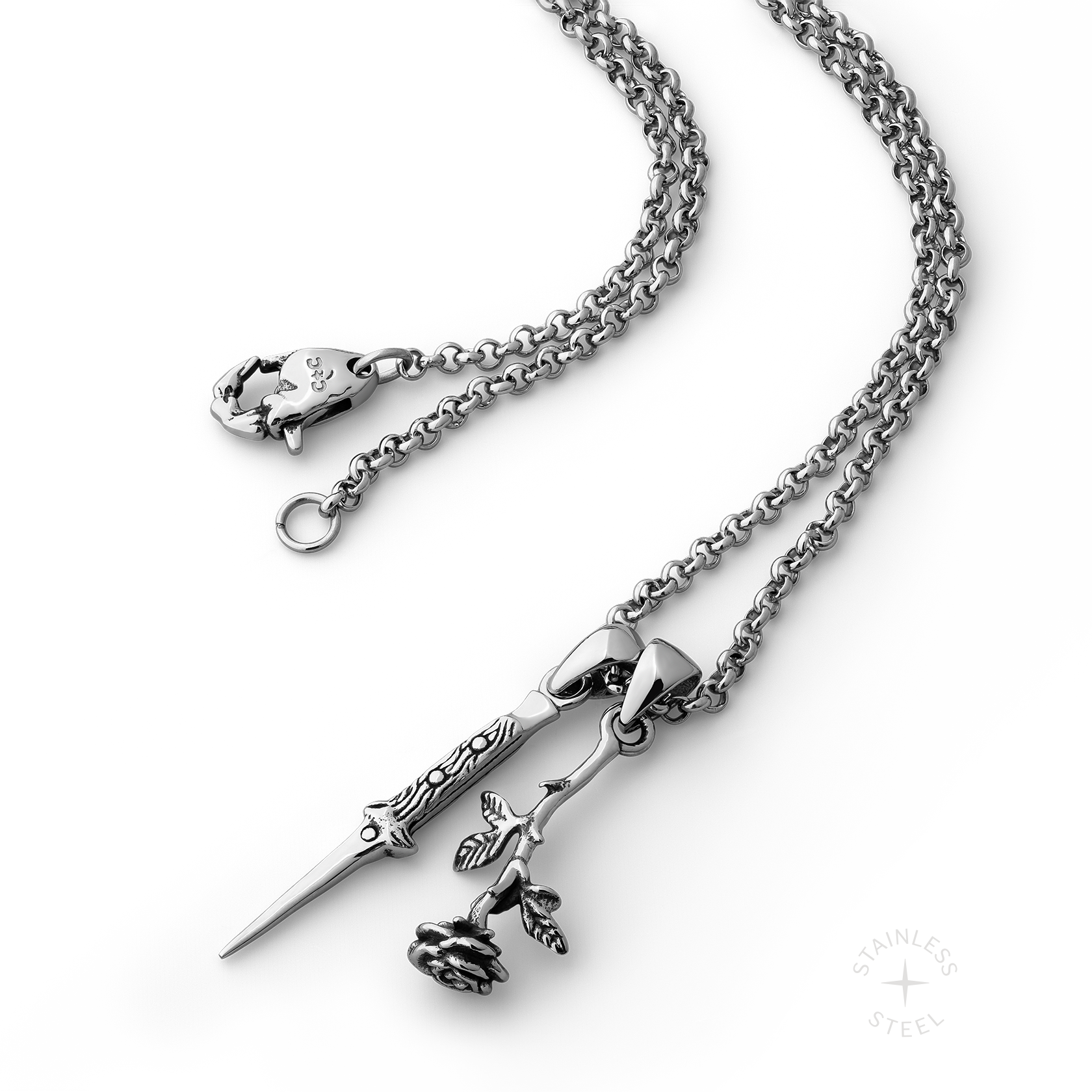 Switchblade Stainless Steel dagger and rose dangling pendant necklace