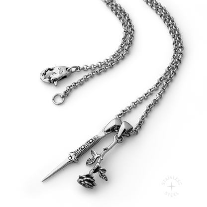 Switchblade Stainless Steel dagger and rose dangling pendant necklace