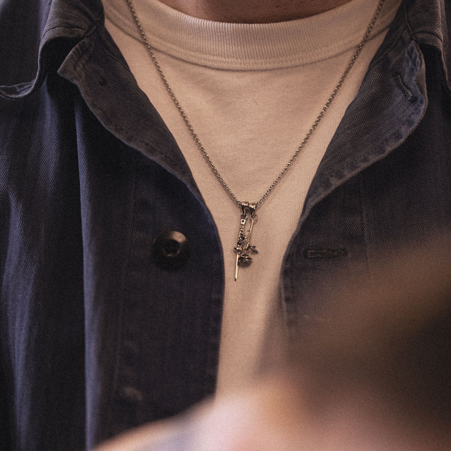 Switchblade Stainless Steel dagger and rose dangling pendant necklace