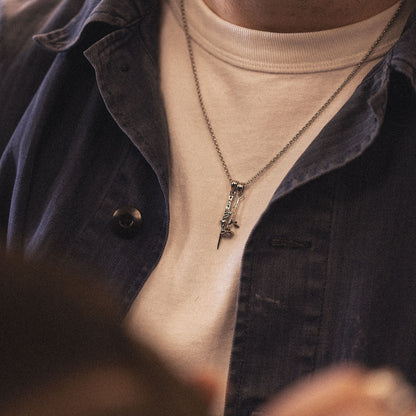 Switchblade Stainless Steel dagger and rose dangling pendant necklace