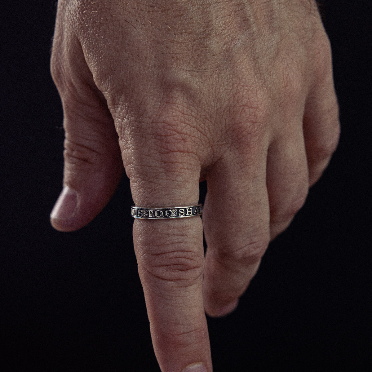 This Too Shall Pass sterling silver ring - on figure