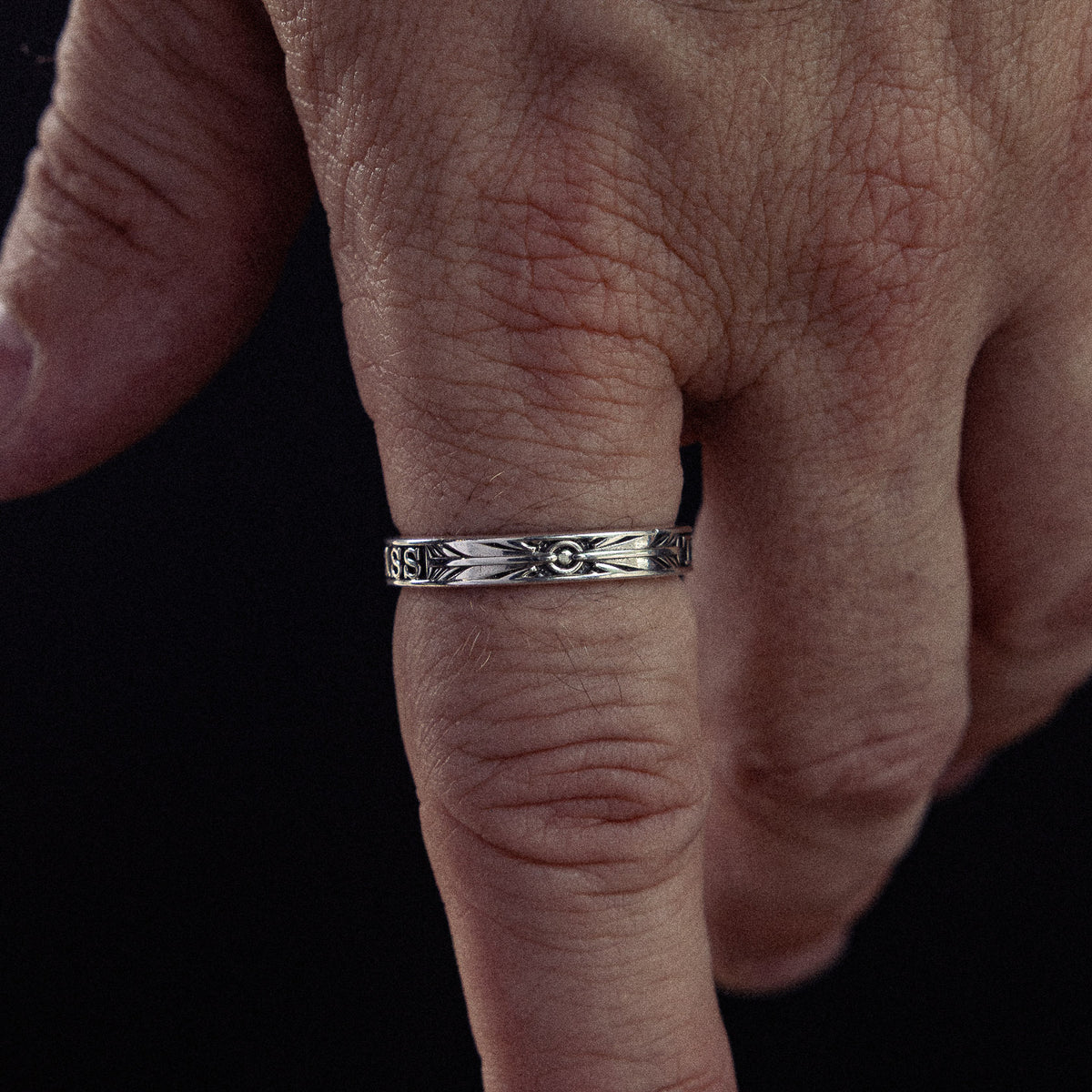 This Too Shall Pass sterling silver ring - on figure
