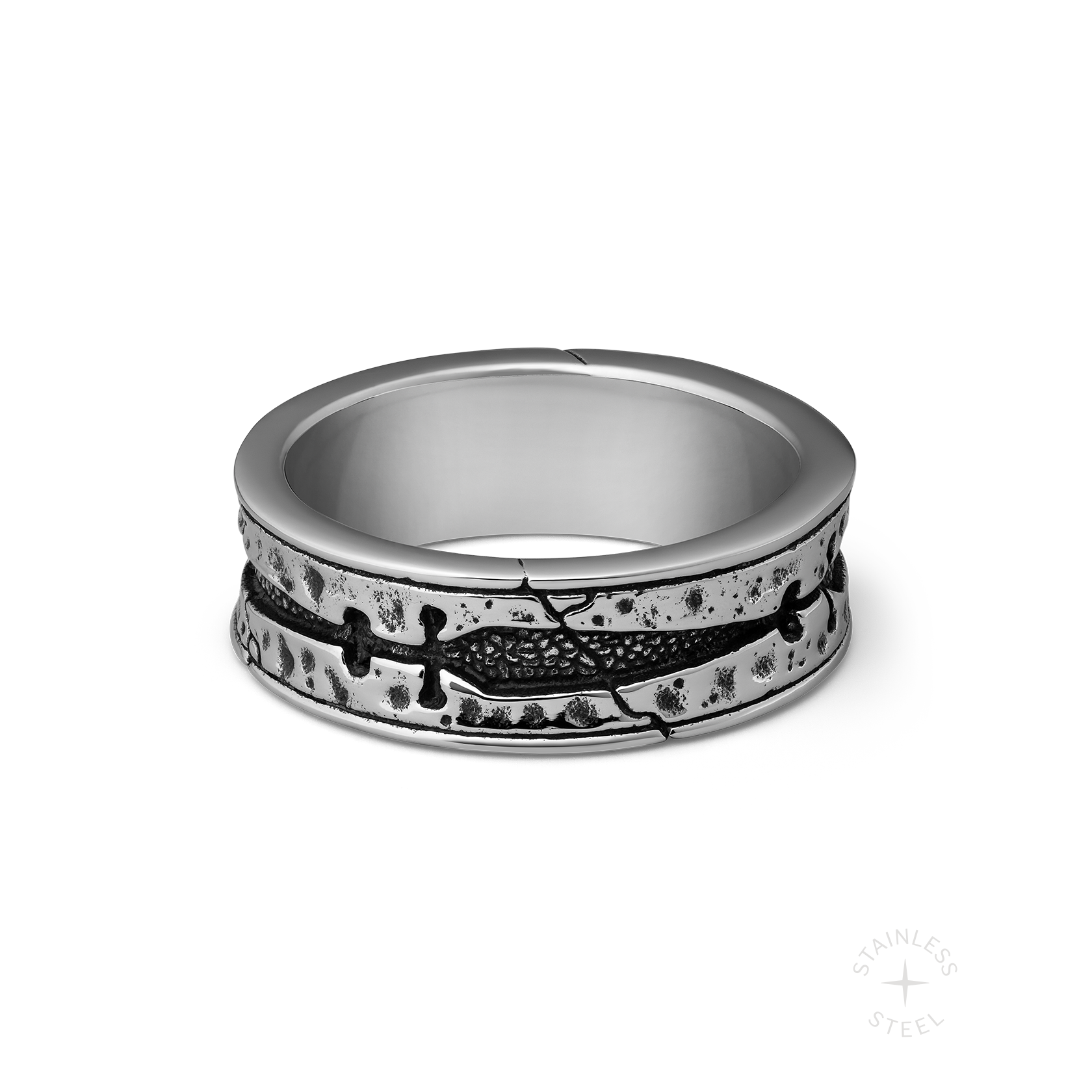 Til Death mens stainless steel wedding band ring with daggers