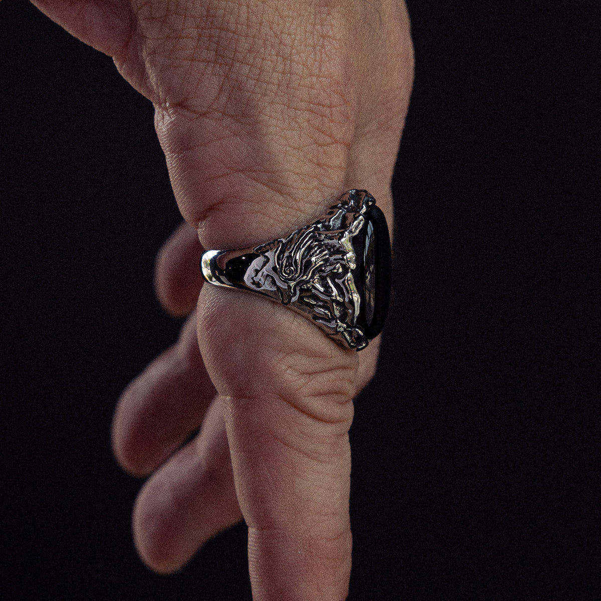 Valraven x JJ Julius Son stainless steel and onyx ring - on figure