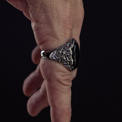 Valraven x JJ Julius Son stainless steel and onyx ring - on figure